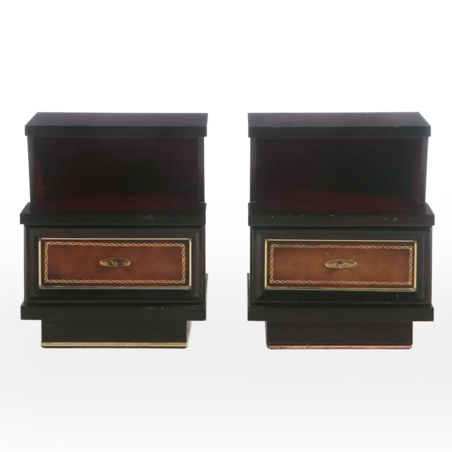 Pair of Mid Century Modern Leather and Wood Tiered Nightstands, Mid-20th Century ITMGQ37658