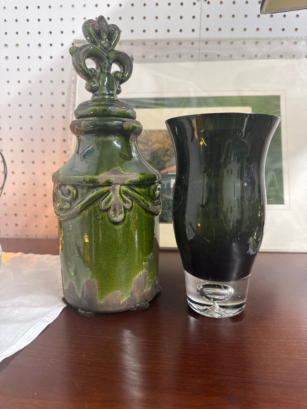 Two Green Vases & Candle Holder