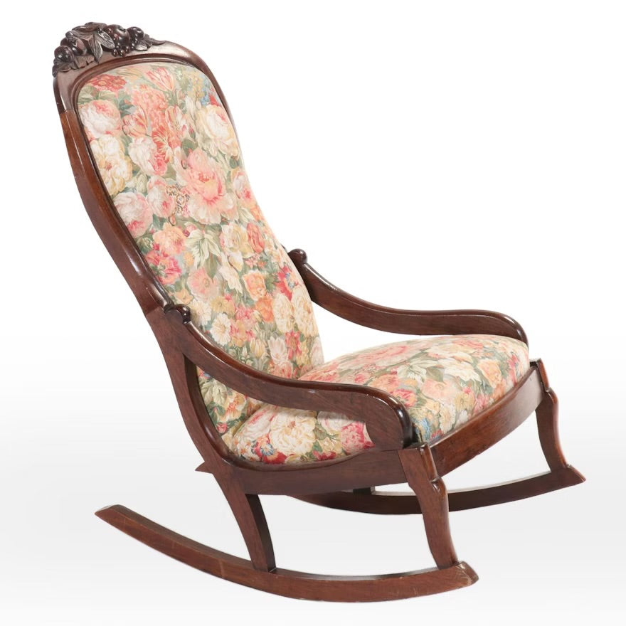 Victorian Rococo Revival Carved Walnut and Upholstered Rocking Chair ITMGP75498