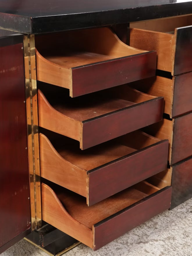 Mid Century Modern Leather Clad Walnut Credenza, Mid-20th Century ITMGQ37656