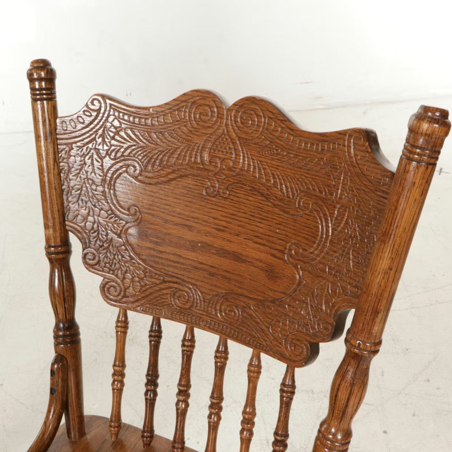 Three Victorian Style Oak Press-Back Swivel Barstools