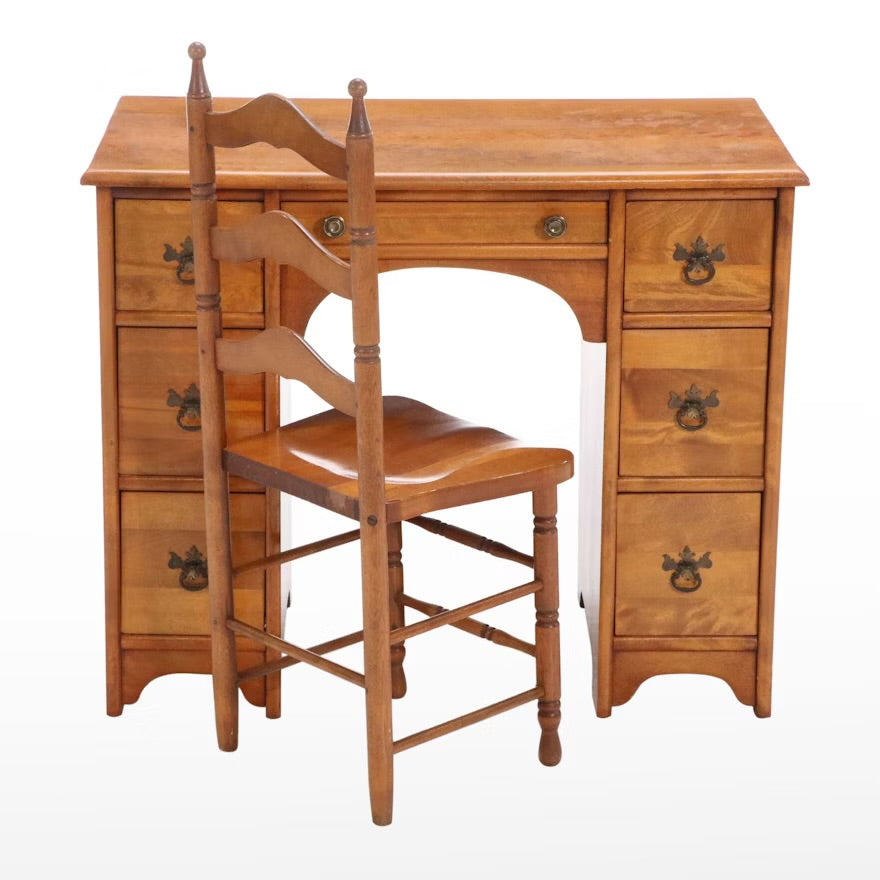 Child's Size Colonial Style Maple Kneehole Desk with Ladderback Chair ITMGQ17681
