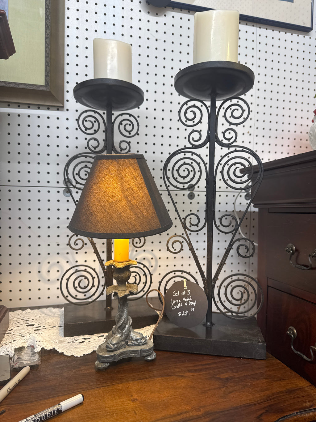 3 piece metal large candle holder & lamp