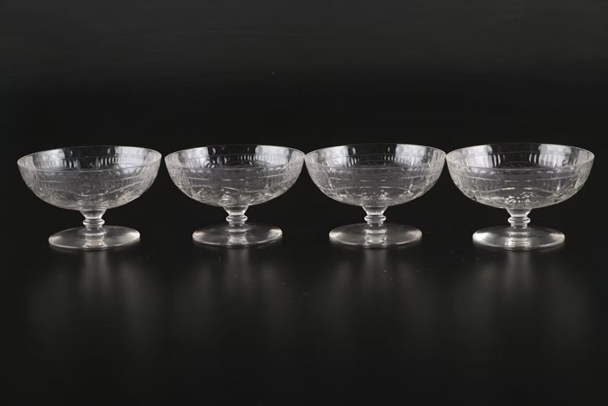 French Style Etched Glass Low Sherbets, Early to Mid-20th Century