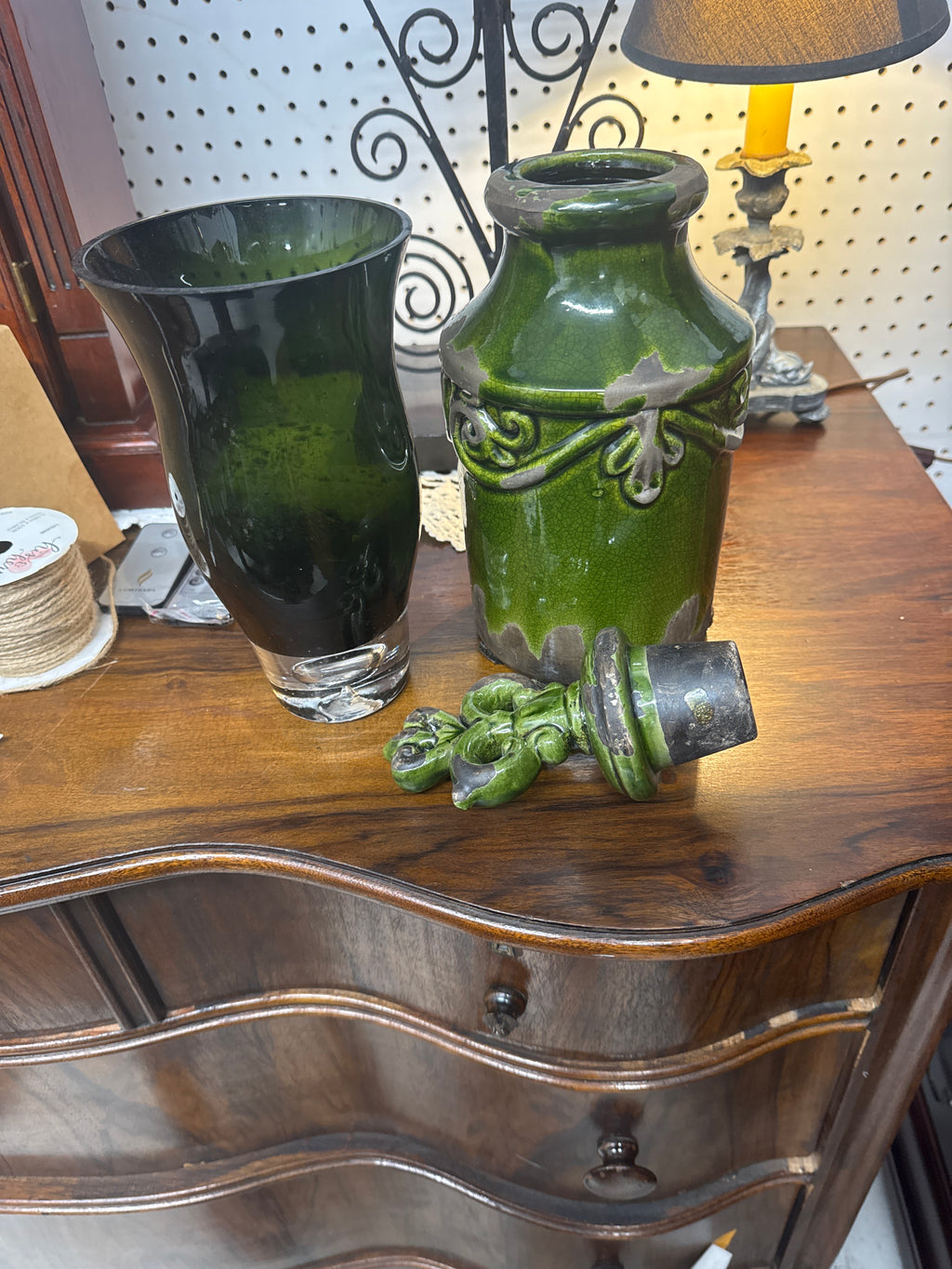 Two Green Vases & Candle Holder