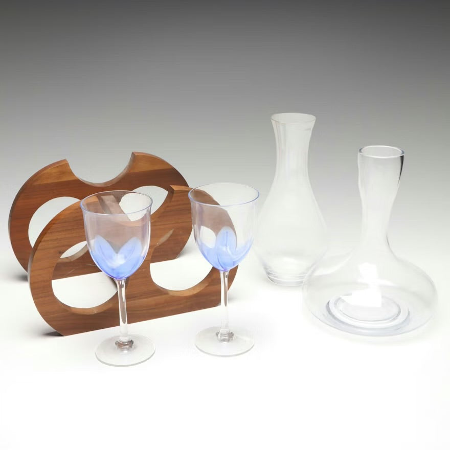 Kustom Kraft Wood Wine Rack with Luigi Bormioli Decanter and Other Glass Ware