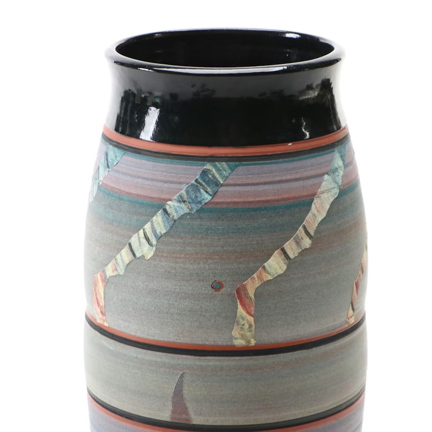 Artist Signed Multicolor Stoneware Vase with Contrast Slip Accents