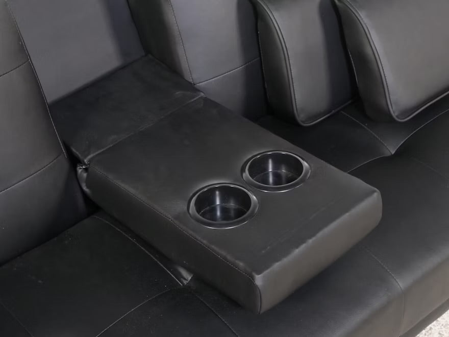 Modern Black Vinyl Upholstered Futon with Center Beverage Console