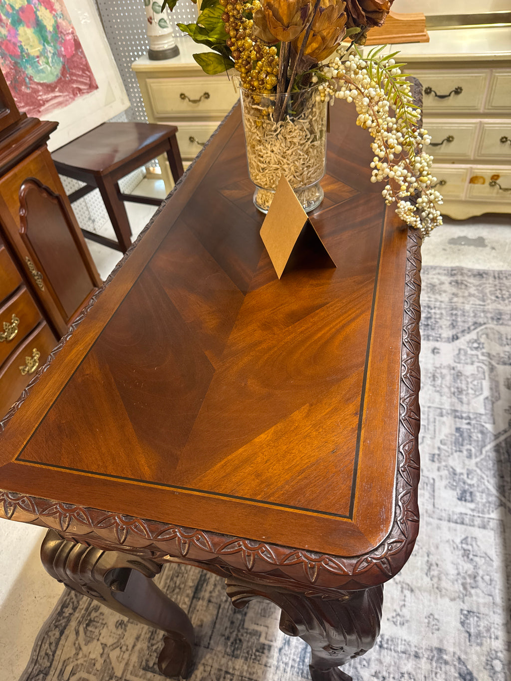 Decorative Carved Wood Sofa Table with Inlays