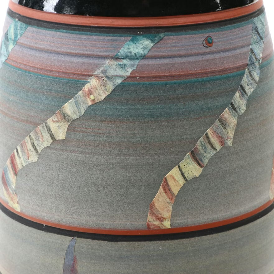 Artist Signed Multicolor Stoneware Vase with Contrast Slip Accents