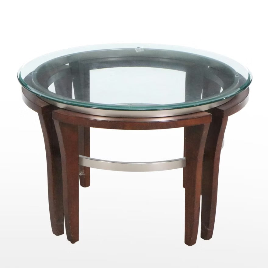 Contemporary Glass Top Mahogany Finished Wood End Table