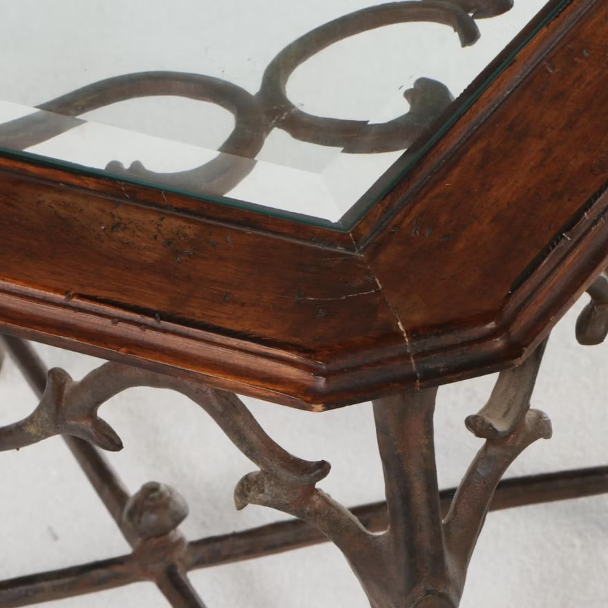 Neoclassical Style Wood and Glass Top Metal End Table ITMGQ21985