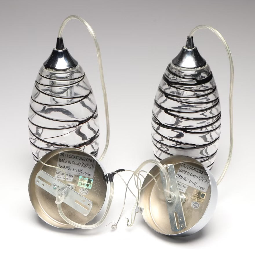 Pair of Modern Black Trailing and Chrome Glass Pendants