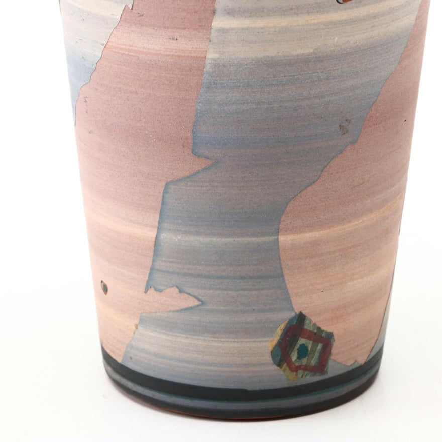 Artist Signed Multicolor Stoneware Vase with Contrast Slip Accents