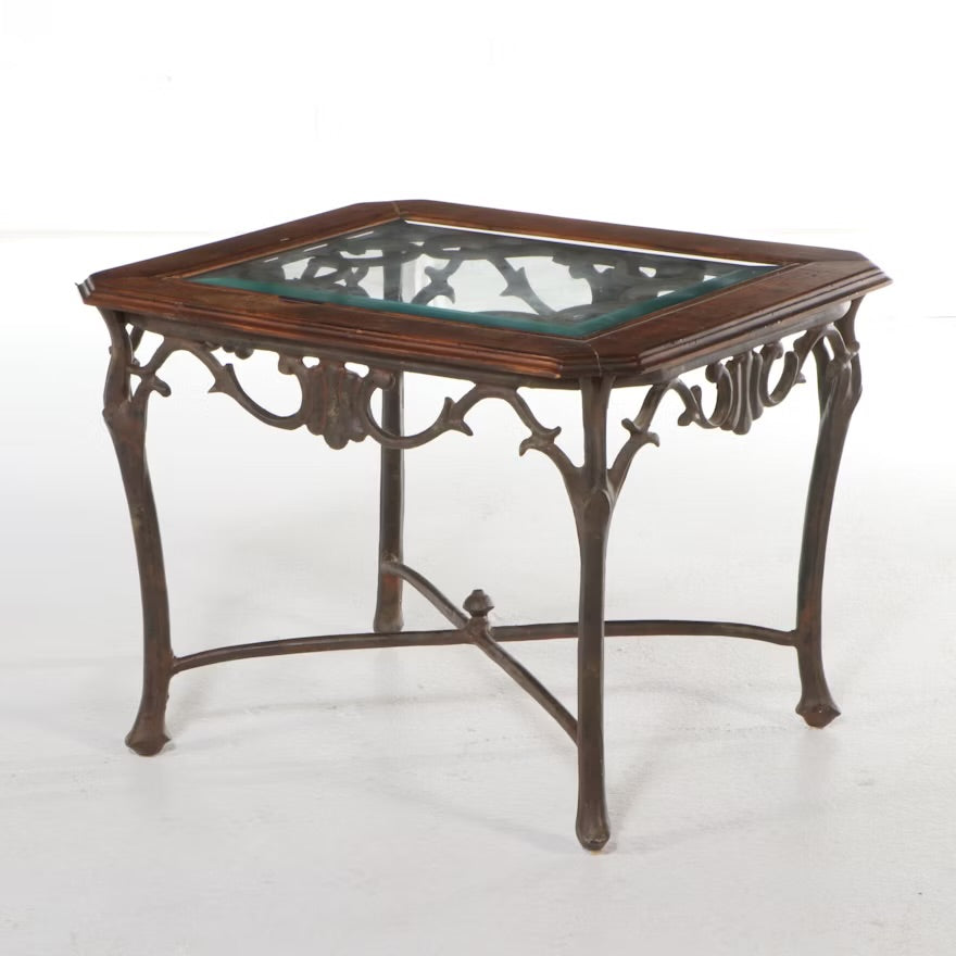 Neoclassical Style Wood and Glass Top Metal End Table ITMGQ21985