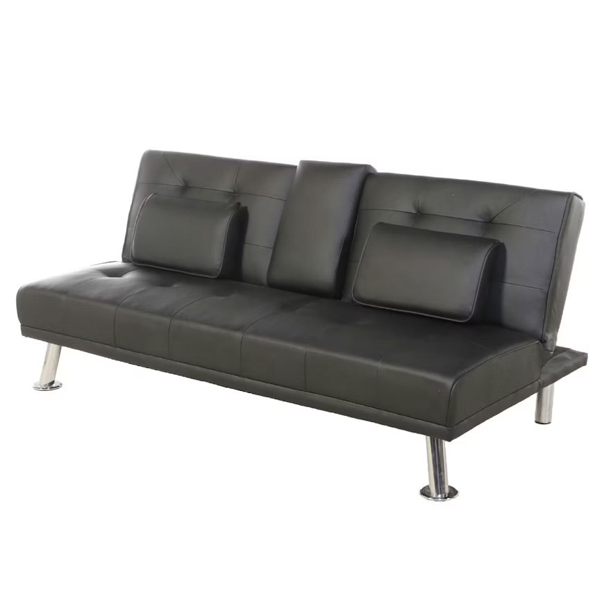 Modern Black Vinyl Upholstered Futon with Center Beverage Console