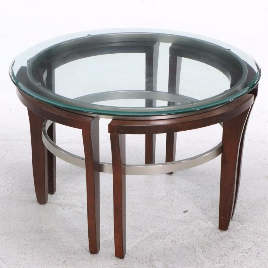 Contemporary Glass Top Mahogany Finished Wood End Table