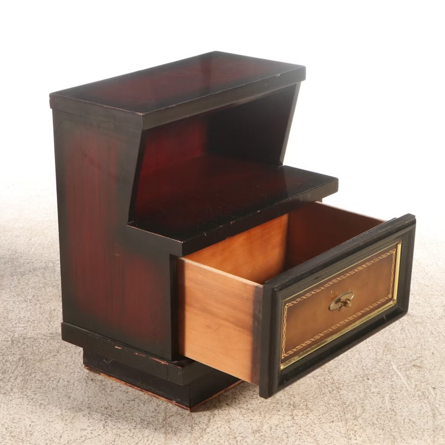 Pair of Mid Century Modern Leather and Wood Tiered Nightstands, Mid-20th Century ITMGQ37658