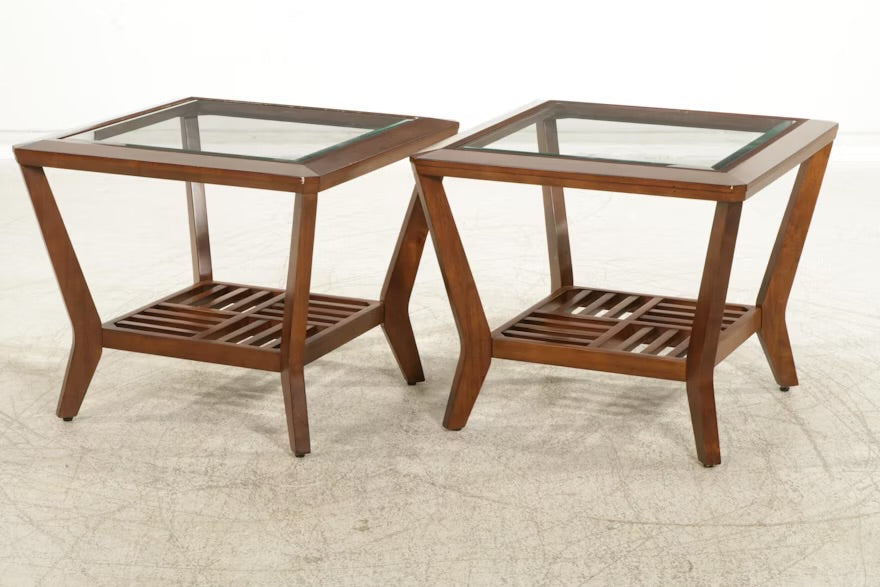 Contemporary Glass Top Hardwood Side Table, 21st Century