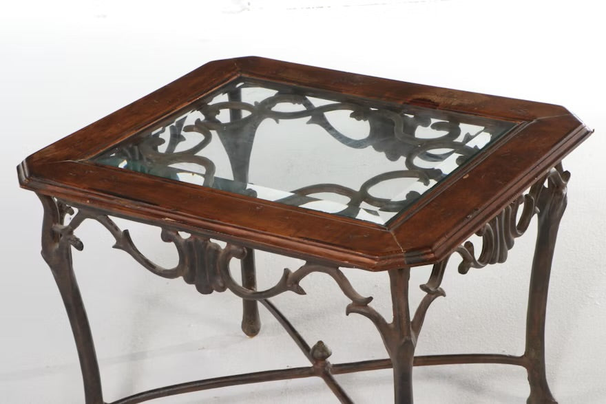Neoclassical Style Wood and Glass Top Metal End Table ITMGQ21985