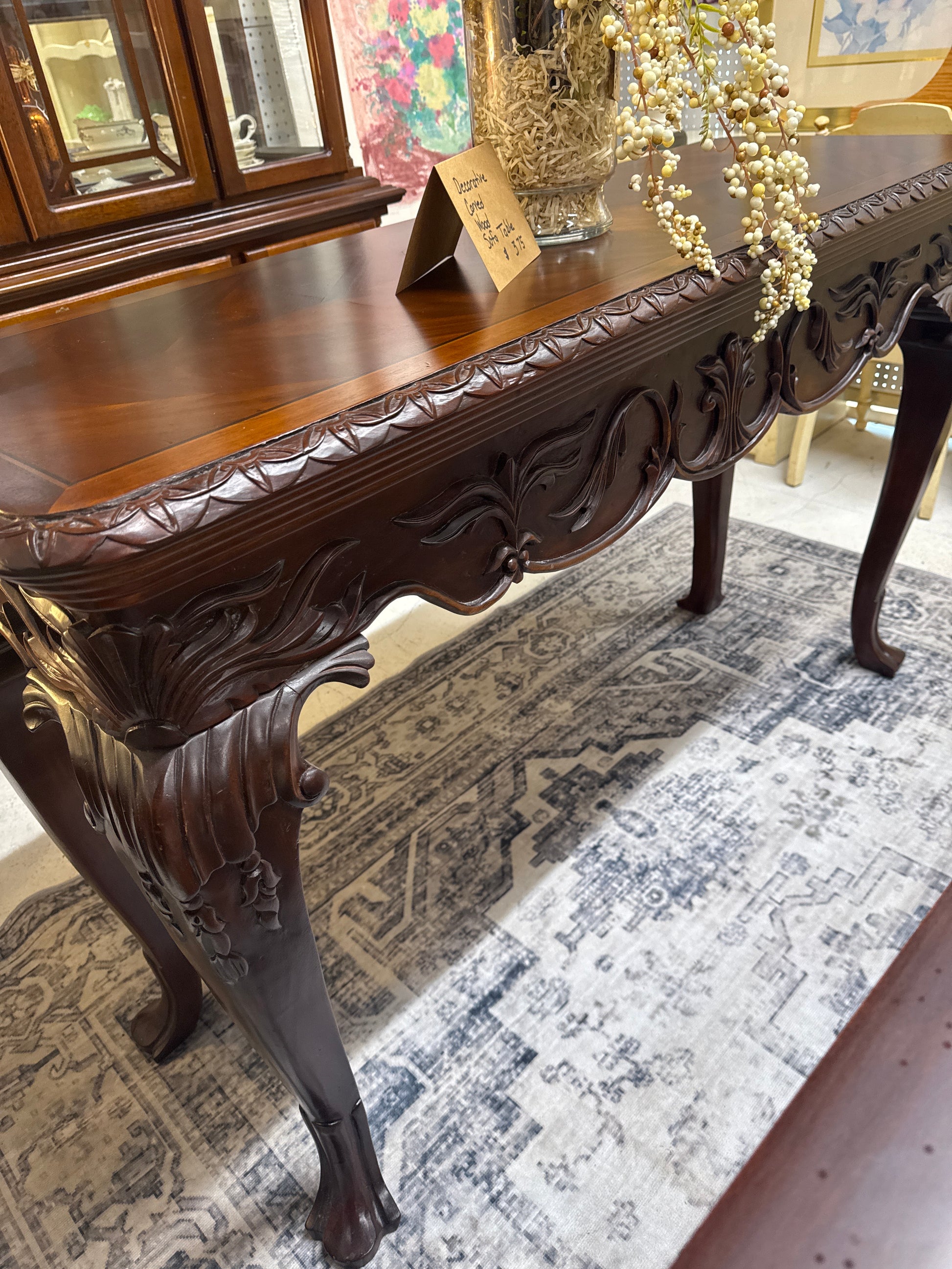 Decorative Carved Wood Sofa Table with Inlays