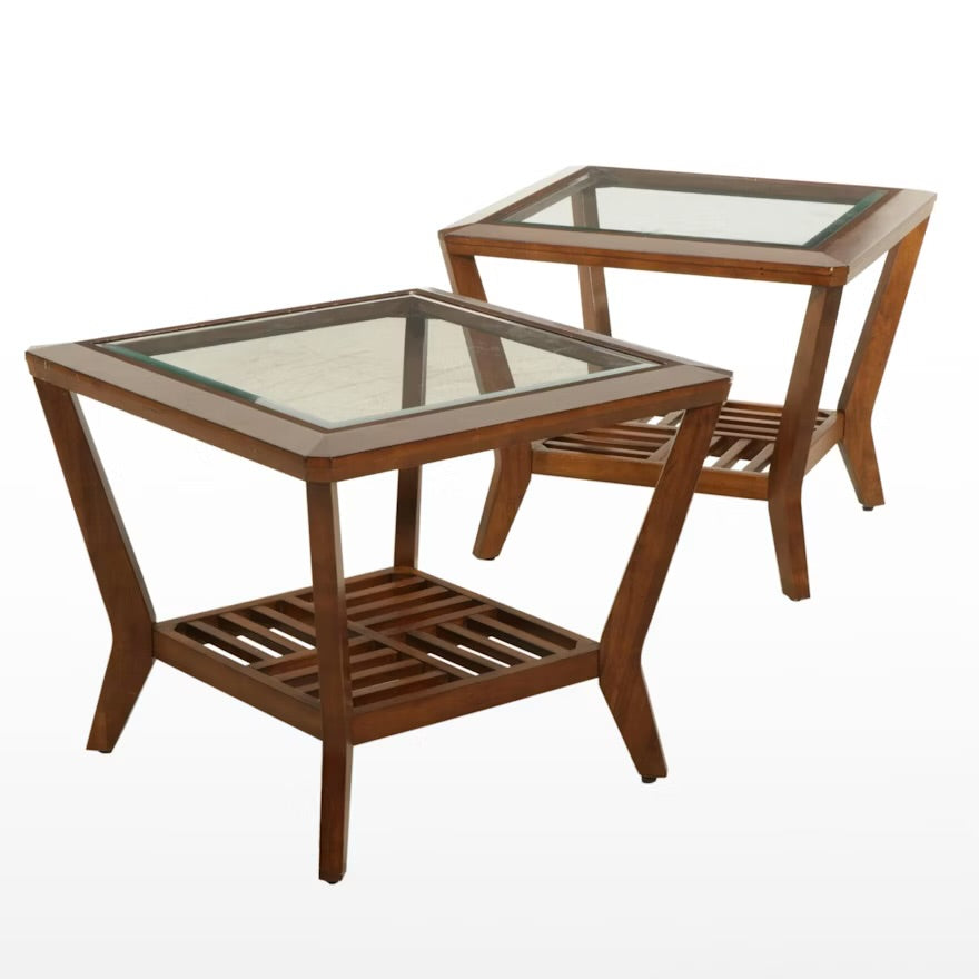 Contemporary Glass Top Hardwood Side Table, 21st Century