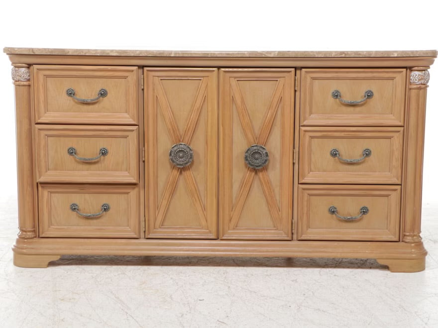 Stanley French Regency Style Marble Top Wood Dresser with Mirror ITMGQ17362