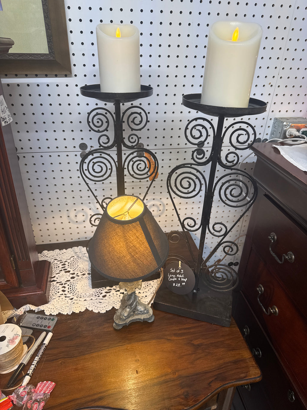 3 piece metal large candle holder & lamp
