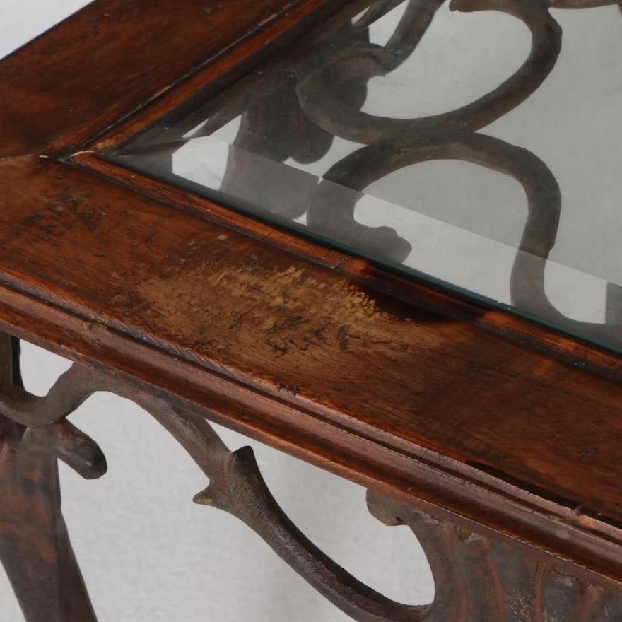 Neoclassical Style Wood and Glass Top Metal End Table ITMGQ21985