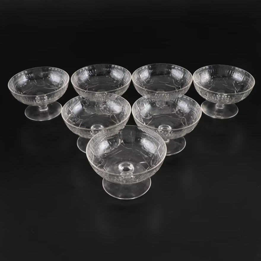 French Style Etched Glass Low Sherbets, Early to Mid-20th Century