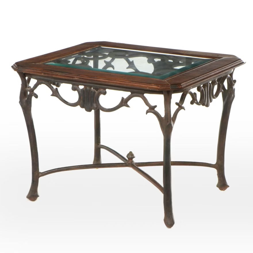 Neoclassical Style Wood and Glass Top Metal End Table ITMGQ21985