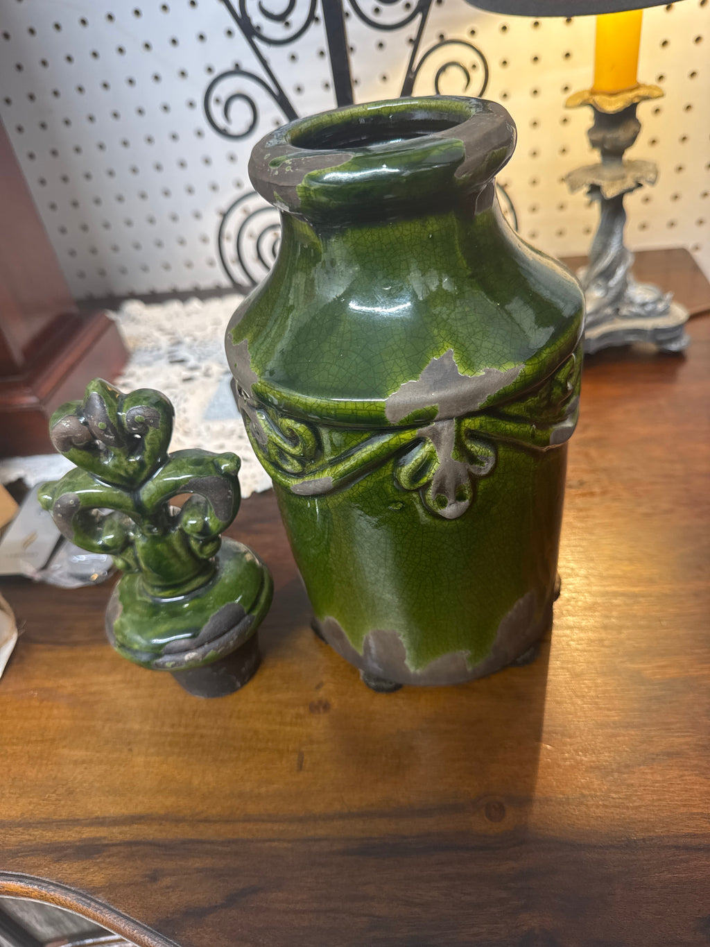 Two Green Vases & Candle Holder