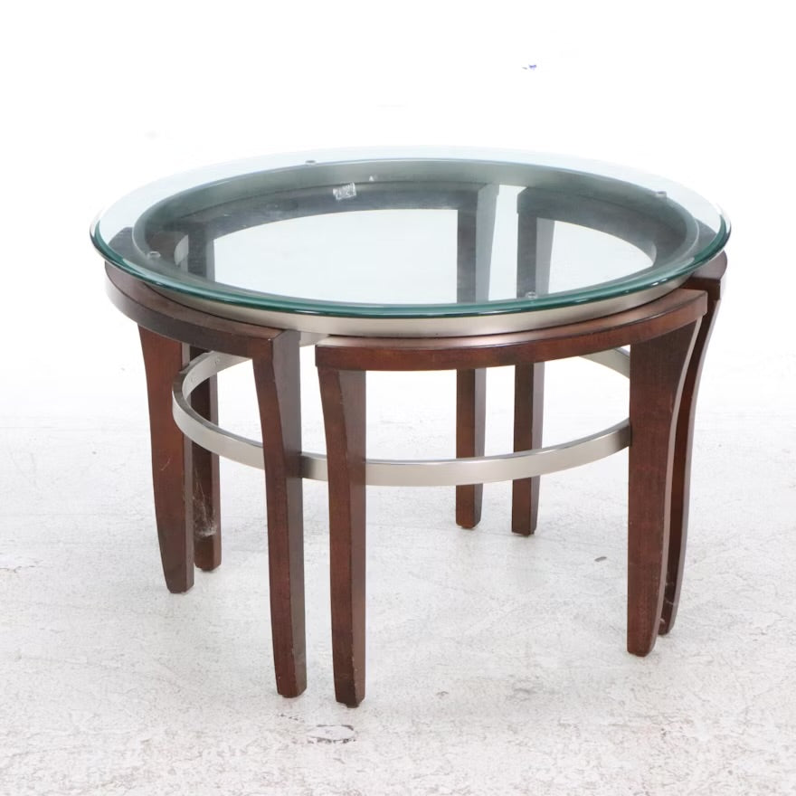 Contemporary Glass Top Mahogany Finished Wood End Table