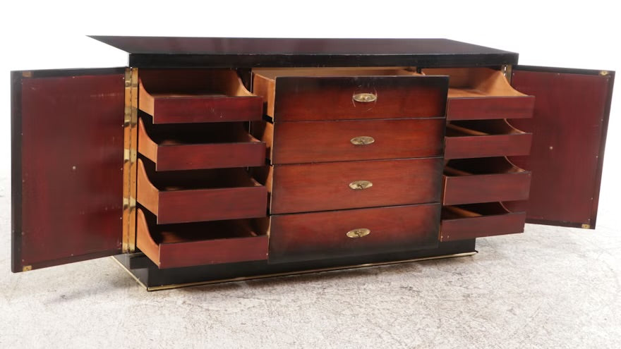 Mid Century Modern Leather Clad Walnut Credenza, Mid-20th Century ITMGQ37656