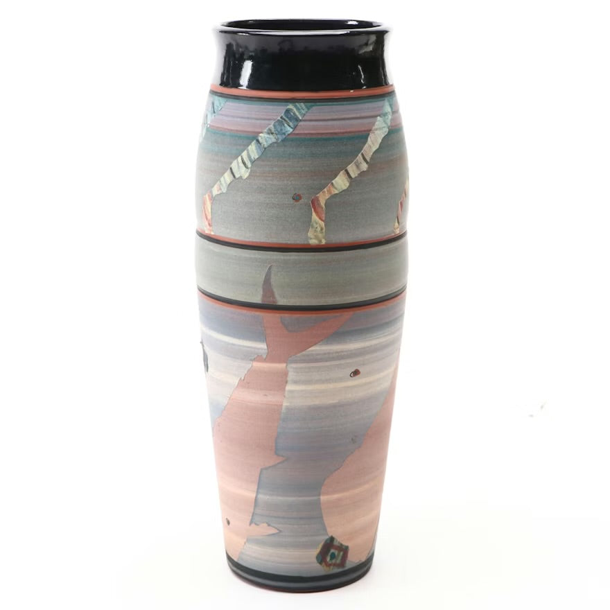 Artist Signed Multicolor Stoneware Vase with Contrast Slip Accents