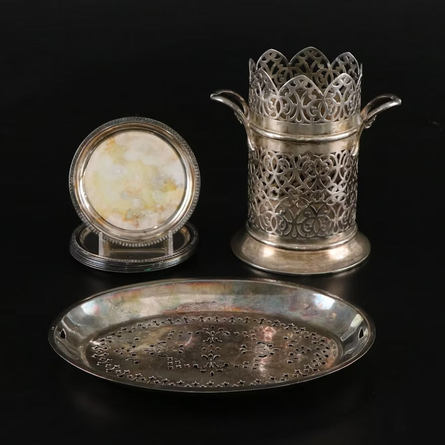 Edward & Sons Silver Plate Wine Bottle Coaster with Plates and Strainer