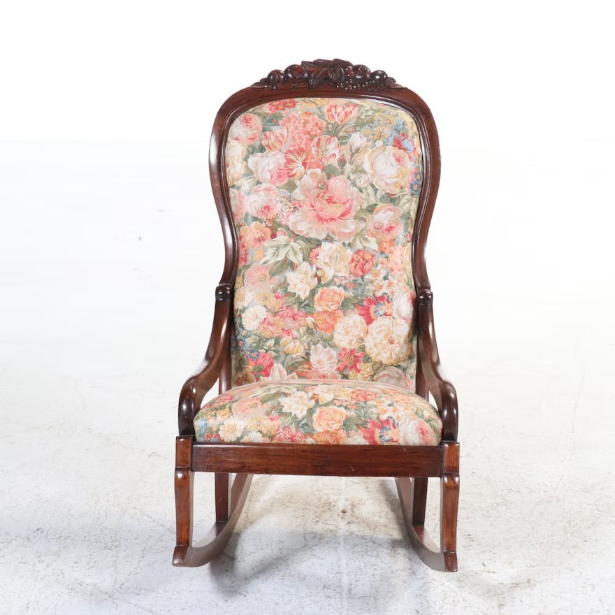 Victorian Rococo Revival Carved Walnut and Upholstered Rocking Chair ITMGP75498