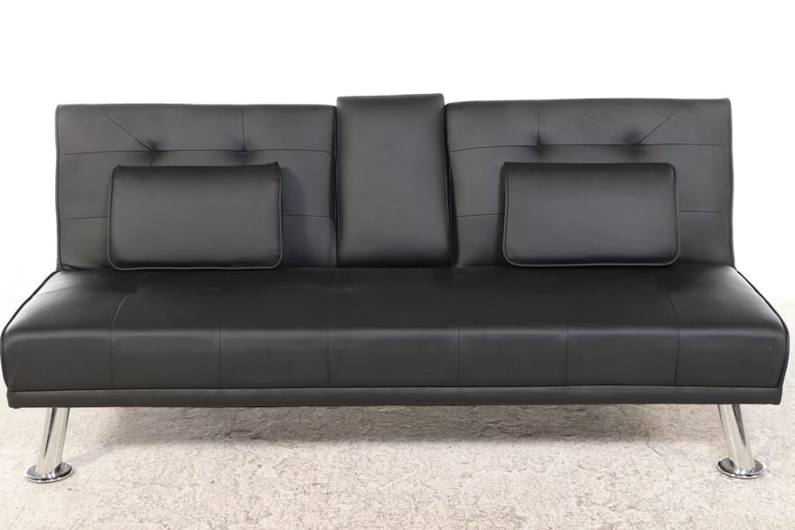 Modern Black Vinyl Upholstered Futon with Center Beverage Console