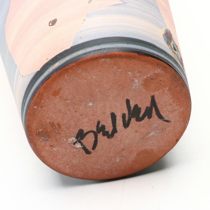 Artist Signed Multicolor Stoneware Vase with Contrast Slip Accents