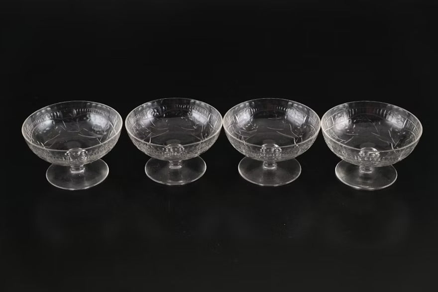 French Style Etched Glass Low Sherbets, Early to Mid-20th Century