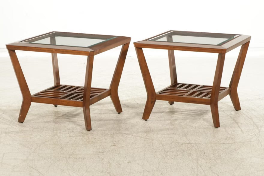Contemporary Glass Top Hardwood Side Table, 21st Century